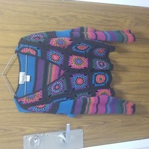Vintage Multicoloured Crochet or Knitted Beaded Sweater or Cardigan Size L-XL